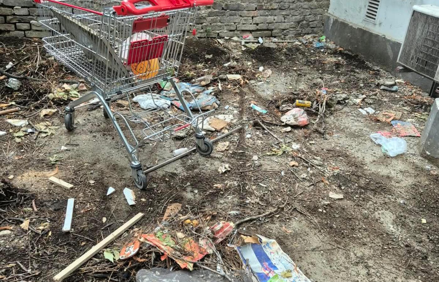 Vorher-Aufnahme: Hinterhof mit Unrat, Sperrgut und Einkaufswagen